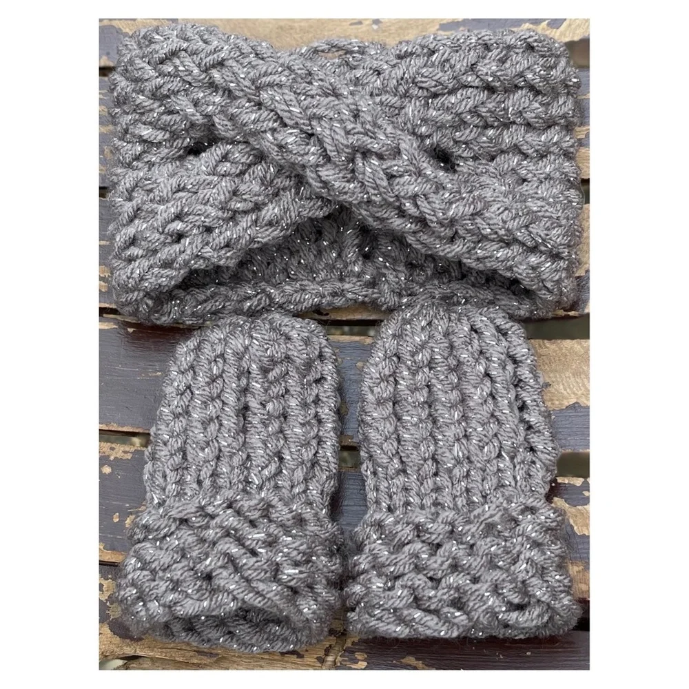 Hand Crafted Knit Baby Headband and Mittens set 0-3months Sparkly Gray Taupe